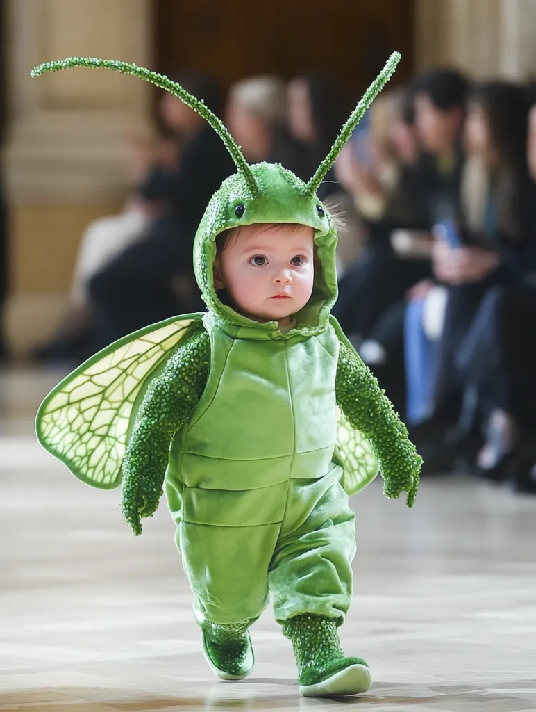 A baby in a green, fuzzy grasshopper costume walks down a runway. The costume has large, feathery wings and antennae. The baby is looking at the floor as it walks. The background is blurry and out of focus, showing a crowd of people.  The baby's face is visible, and it has a serious expression. The costume is very detailed and realistic, with a textured body and realistic wings. The baby is dressed in a fashion show, and it appears to be enjoying the experience.