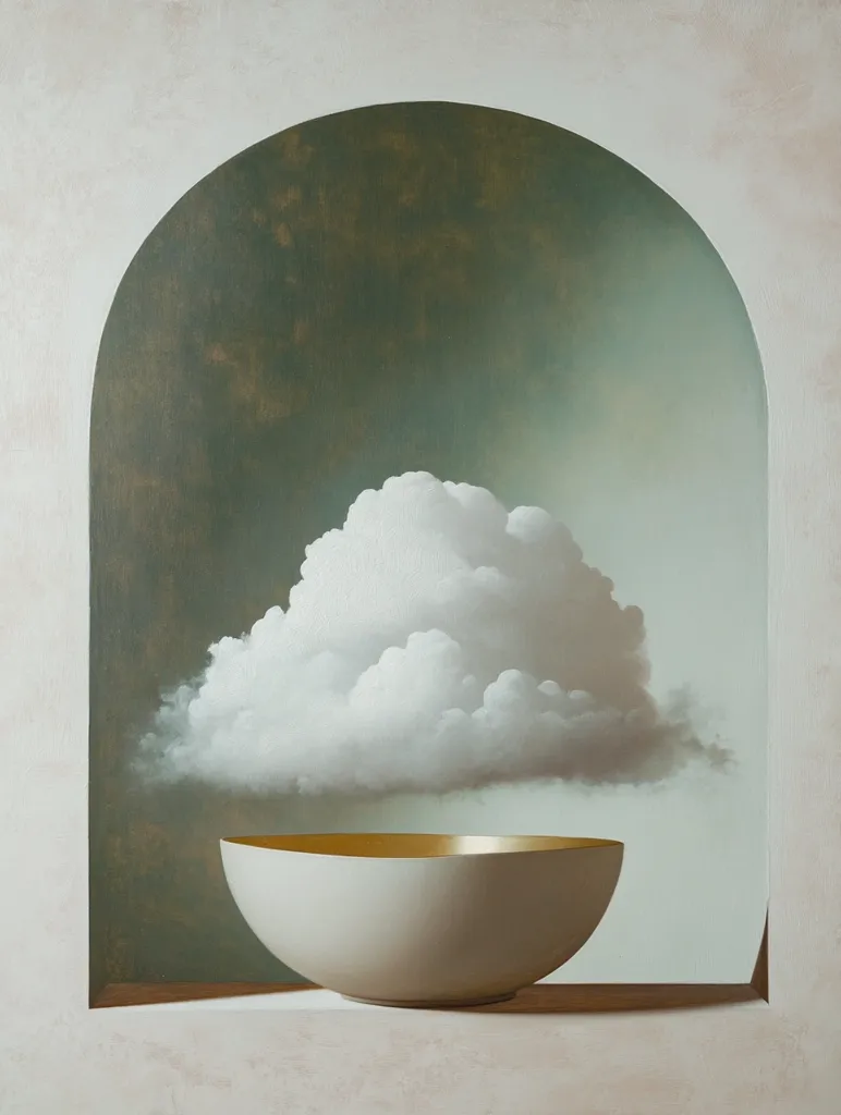 A white bowl with a gold rim sits on a ledge within a light beige archway. A fluffy white cloud hovers above the bowl, as if it's about to rain into the bowl. The background is a soft green with subtle hints of gold. The painting uses minimal detail and bold color to create a surreal and evocative atmosphere.