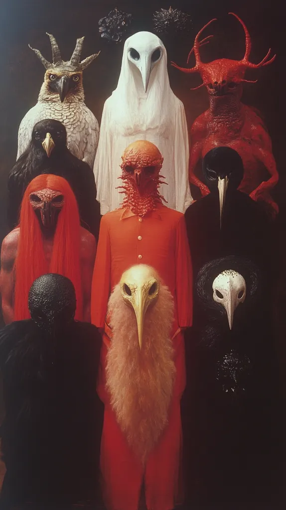 A group of nine figures stand in a dark room. The figures are all wearing masks or costumes with animalistic features. They appear to be both human and non-human, with a mixture of bird, reptile, and human characteristics. They are arranged in a line, and the lighting is dim, giving the image an eerie and unsettling feeling.