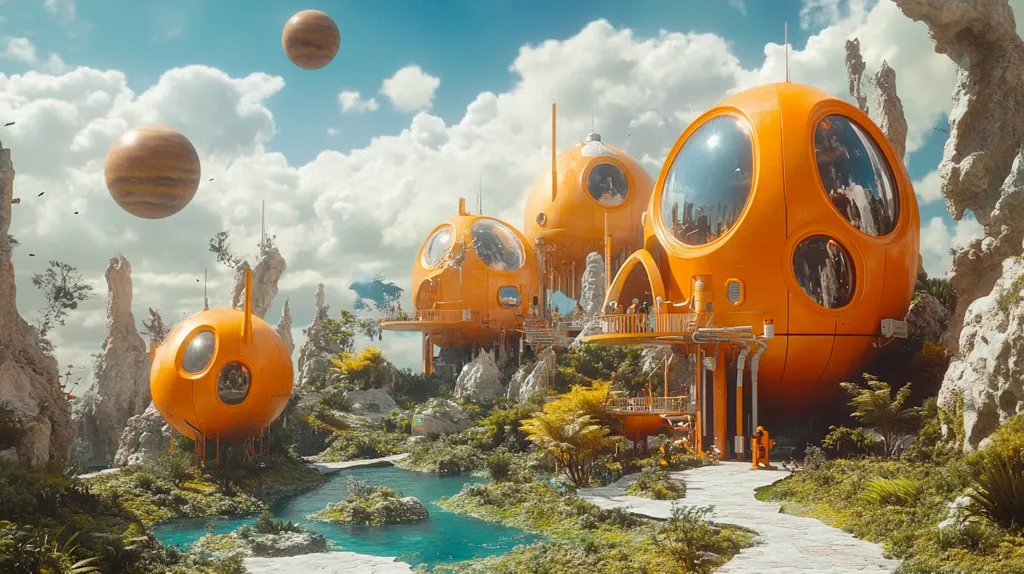The image depicts a futuristic scene with several orange, spherical buildings on a rocky, alien planet.  The buildings have large windows, revealing glimpses of the interior.  A winding path leads towards a large, orange sphere, while a stream flows through the lush green foliage.  Two moons, one brown and one orange, hang in the blue sky above, suggesting a remote, extraterrestrial location.