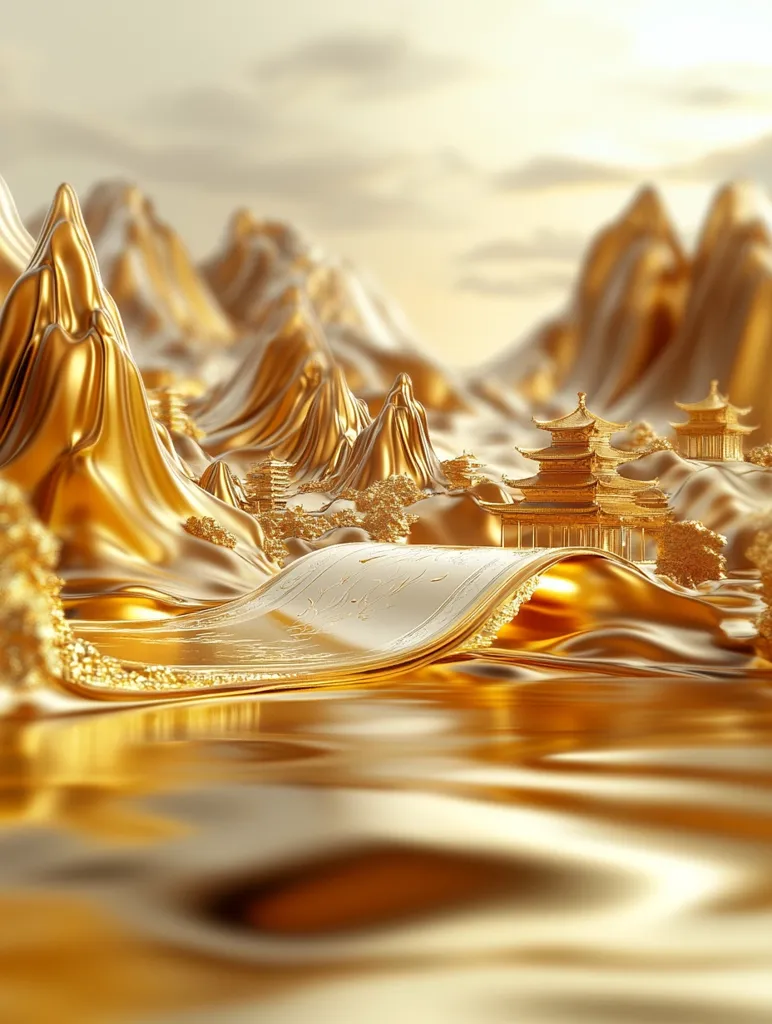 A golden landscape with a flowing river, mountains, and golden temples. The scene is a beautiful and surreal depiction of a golden paradise. The river forms a bridge, connecting different parts of the landscape. The scene is a beautiful and surreal depiction of a golden paradise.