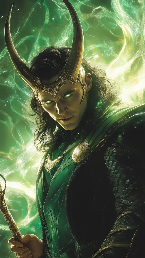 The image shows Loki, a Marvel Comics character, with his iconic green and gold costume and horned helmet. He is holding a staff and his expression is serious, suggesting a powerful and cunning personality. The background features swirling green and gold energy, emphasizing his magical abilities.  His long dark hair and piercing green eyes add to his dramatic presence.