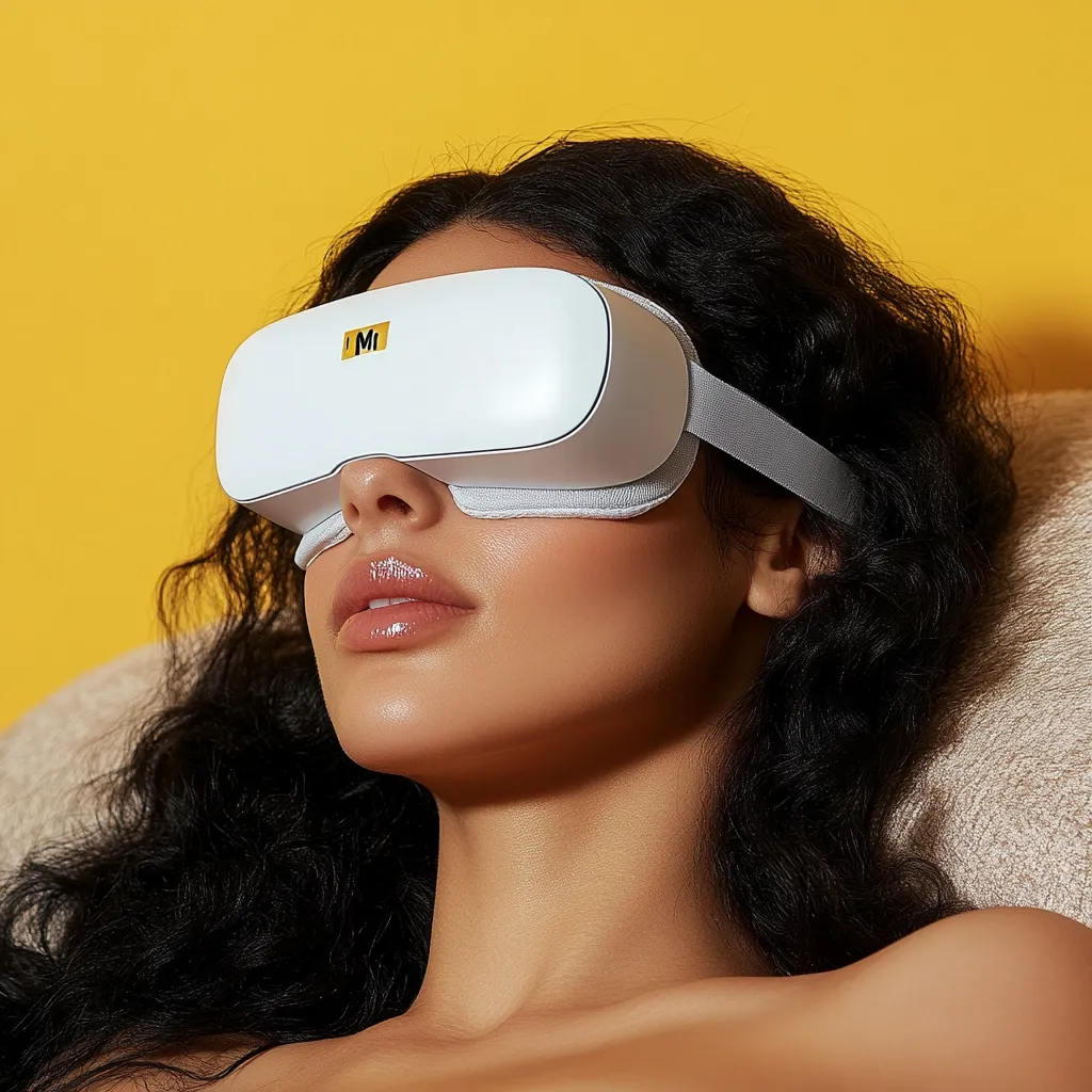 A woman with long dark hair is wearing a white eye mask with a gold "M" on it. She has her eyes closed and her lips are slightly parted. The background is a bright yellow wall. The woman appears to be relaxing and enjoying the experience.