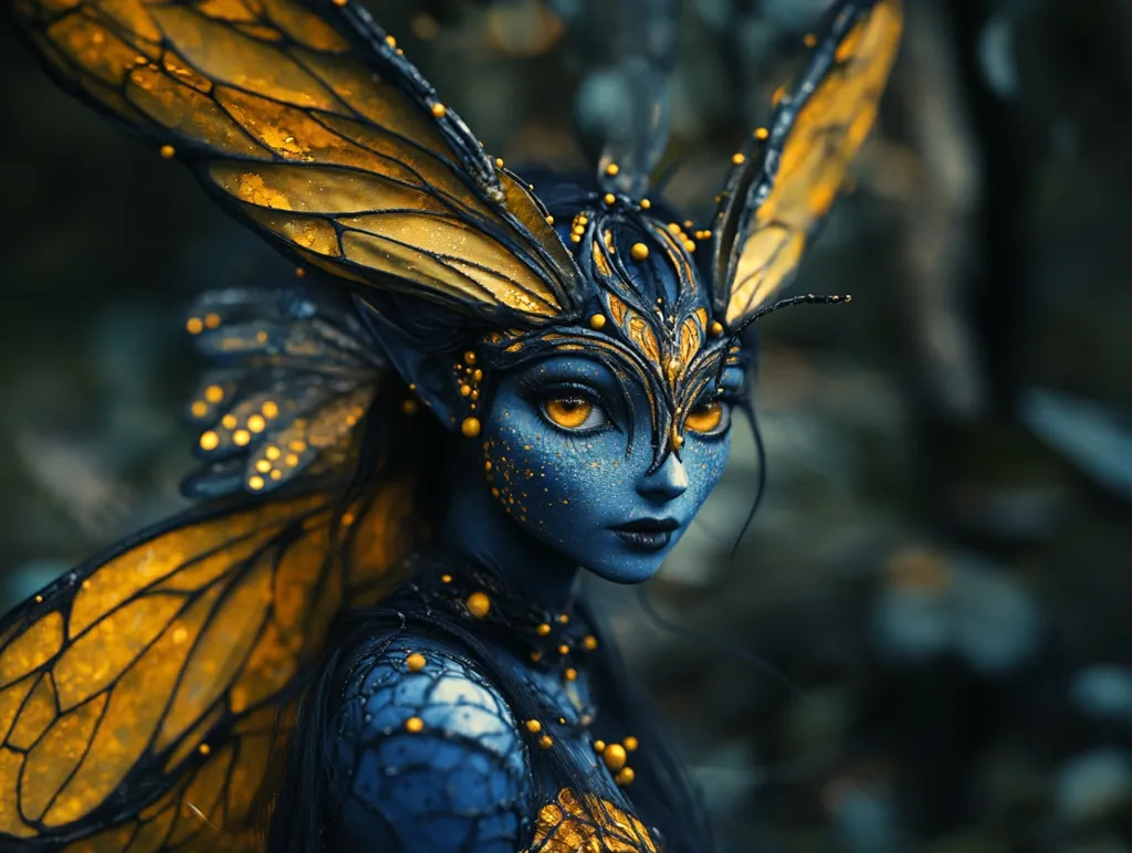 A fairy-like creature with blue skin and large golden-veined wings looks intensely at the camera.  Her face is decorated with ornate gold accents, and her blue eyes hold a mysterious depth. The background is blurred, emphasizing the subject’s enchanting beauty.