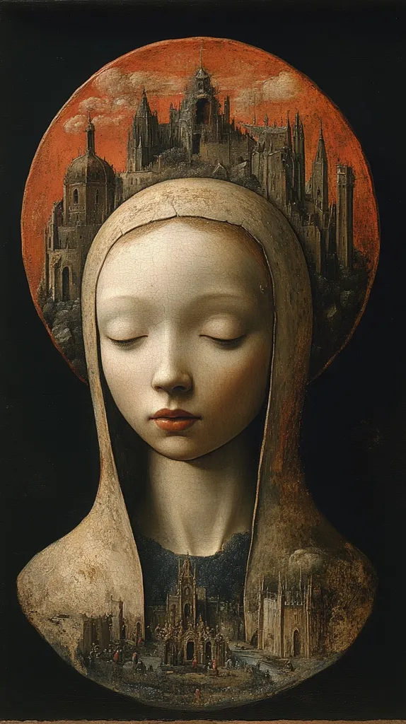 The painting features a young woman with her eyes closed, draped in a large, cream-colored cloak. Her head is surrounded by an orange halo containing a dark, medieval city skyline. The woman's chest is transparent, revealing a miniature, detailed depiction of a similar city, with a central church towering above the other buildings. The painting's dark background highlights the woman's pale face and the halo, creating a mystical and dreamlike atmosphere.  The artist uses  strong contrasts and intricate details to create a compelling and enigmatic portrait.