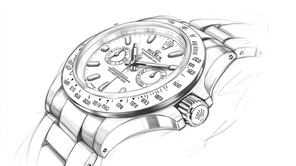A detailed pencil sketch of a Rolex watch. The watch face has a white background with black markings and hands, and is set within a silver casing. The watch has a silver metal band, with a crown on the side. The watch is drawn from a slightly elevated angle.