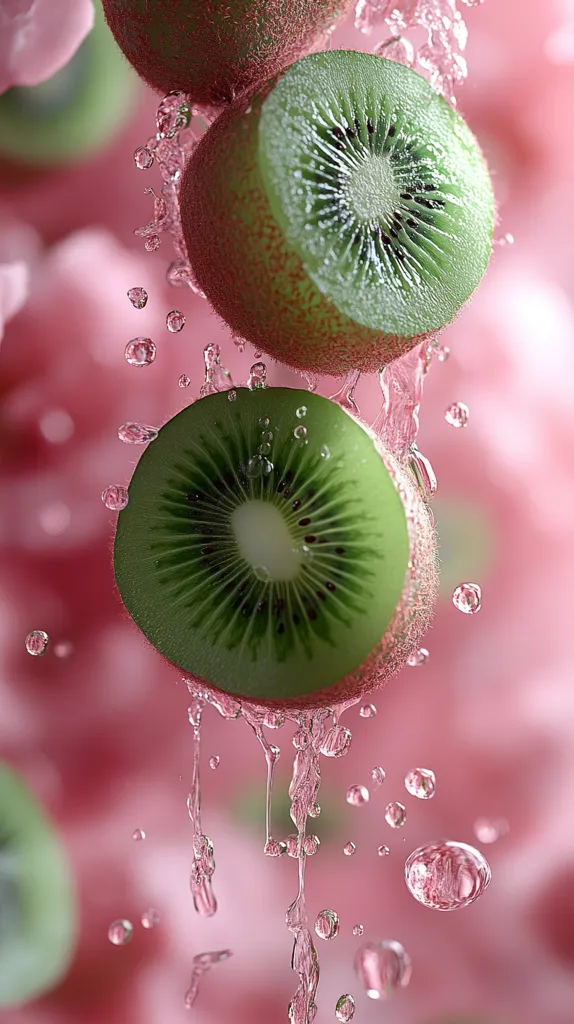 Two halved kiwis fall through a pink liquid, creating a spray of water droplets. The kiwis are green with dark brown seeds and are illuminated by a bright light. The background is a soft pink blur with hints of green. The image captures the moment of impact and the refreshing beauty of the fruit.