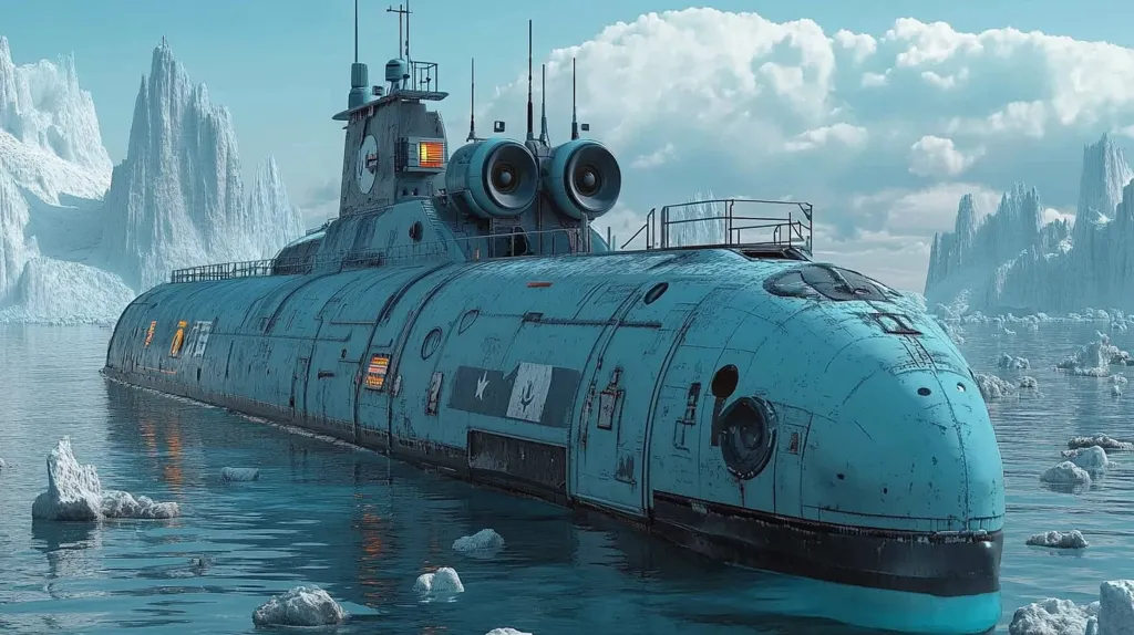 A large, blue, futuristic submarine is floating in a body of water surrounded by icebergs. The submarine has a large, round window on the front, and there are other portholes along the side. There are several antennas sticking out of the top of the vessel.  The water is calm and blue, and the sky is a light blue with some white clouds. The image is set against a backdrop of tall, icy cliffs.