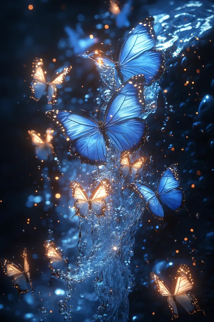 A cascade of shimmering water descends against a dark blue background.  The water is illuminated by golden light, highlighting a flurry of delicate blue butterflies. Some butterflies are in flight, while others seem to be resting on the water's surface. The scene is ethereal and magical, evoking a sense of wonder and beauty.