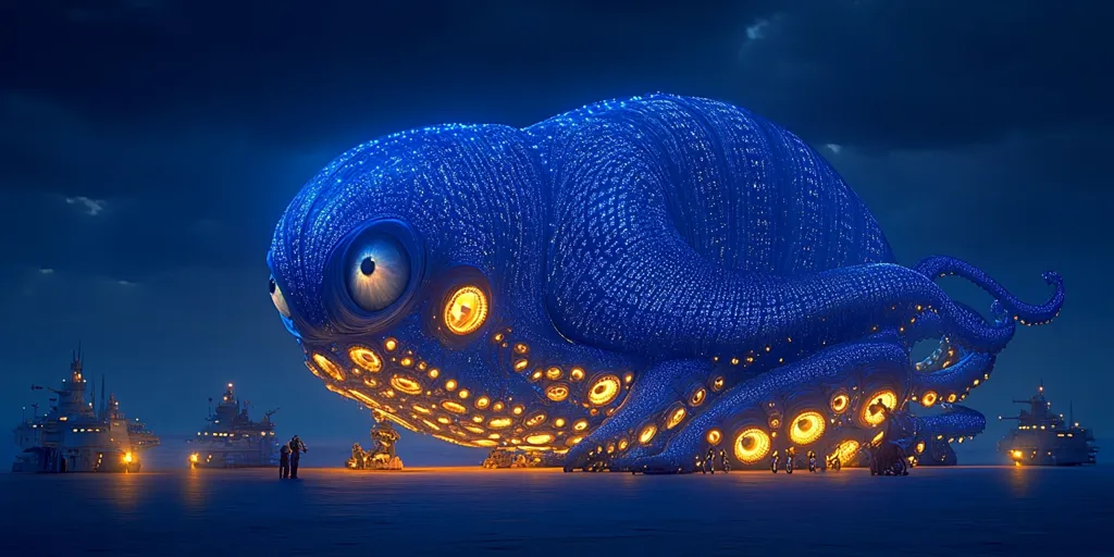 A giant, blue, bioluminescent octopus sculpture stands on a desert plain, its tentacles reaching out. It is illuminated by a network of glowing, yellow lights, creating a mesmerizing effect.  The creature appears to be looking down at several small, futuristic vehicles, their lights reflecting the darkness.  The scene is set against a star-filled night sky.