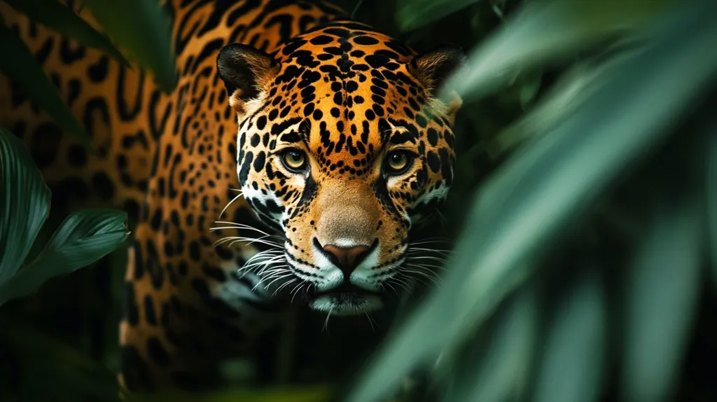 A jaguar, with its distinctive black spots and yellow fur, peers intensely from behind a curtain of lush, green foliage. The animal’s gaze is direct, its sharp eyes fixed on something just beyond the camera’s view. The image captures the raw power and beauty of the jaguar in its natural habitat.