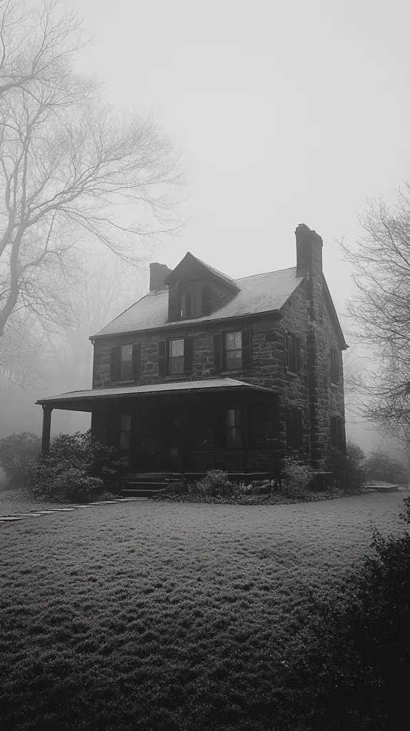 A two-story stone house stands alone in a foggy, gray landscape. The house has a covered porch, several windows, and a chimney. Bare branches of trees are visible in the background. The image is in black and white, creating a sense of mystery and solitude. The fog adds to the feeling of isolation and obscurity.
