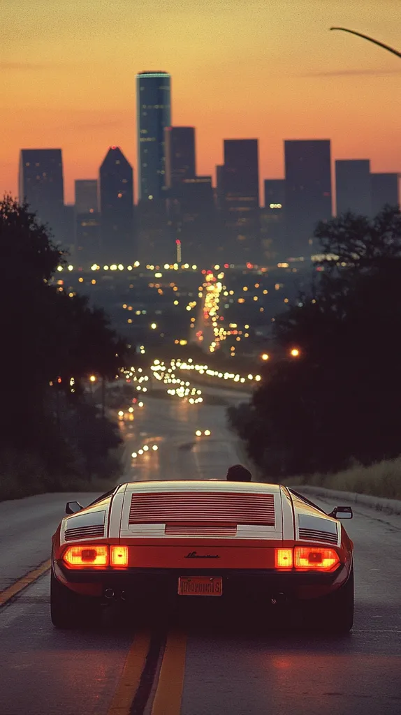 A red sports car drives down a city street at dusk. The car's taillights illuminate the asphalt road, while the cityscape behind is a blur of twinkling lights. Tall buildings stand in the background, their silhouettes casting long shadows across the scene. The sky is a soft orange, fading into a deep purple as the sun sets.  The car seems to be driving towards a distant horizon of hope and adventure.