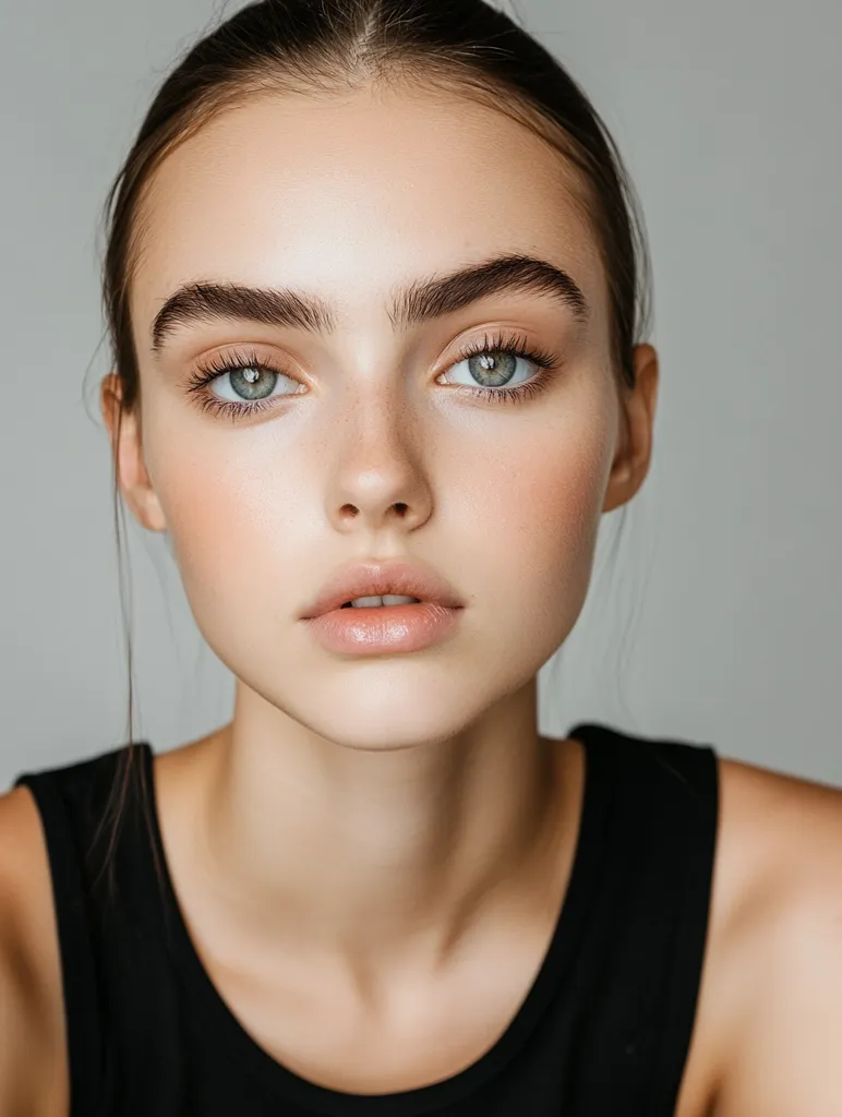 A young woman with long brown hair pulled back,  wears a black tank top. Her face is focused on the camera with bright blue eyes, full lips and smooth, clear skin. The image is shot against a neutral gray background.