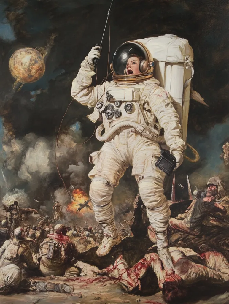 A female astronaut, clad in a white spacesuit and a backpack, stands amidst a chaotic battlefield. Her expression is one of shock and horror as she gazes upon the carnage before her. The battlefield is littered with dead and wounded soldiers, creating a scene of utter devastation. A distant planet hangs in the sky, adding a surreal and alien element to the scene. The painting is a powerful commentary on the horrors of war and the destructive nature of human conflict.