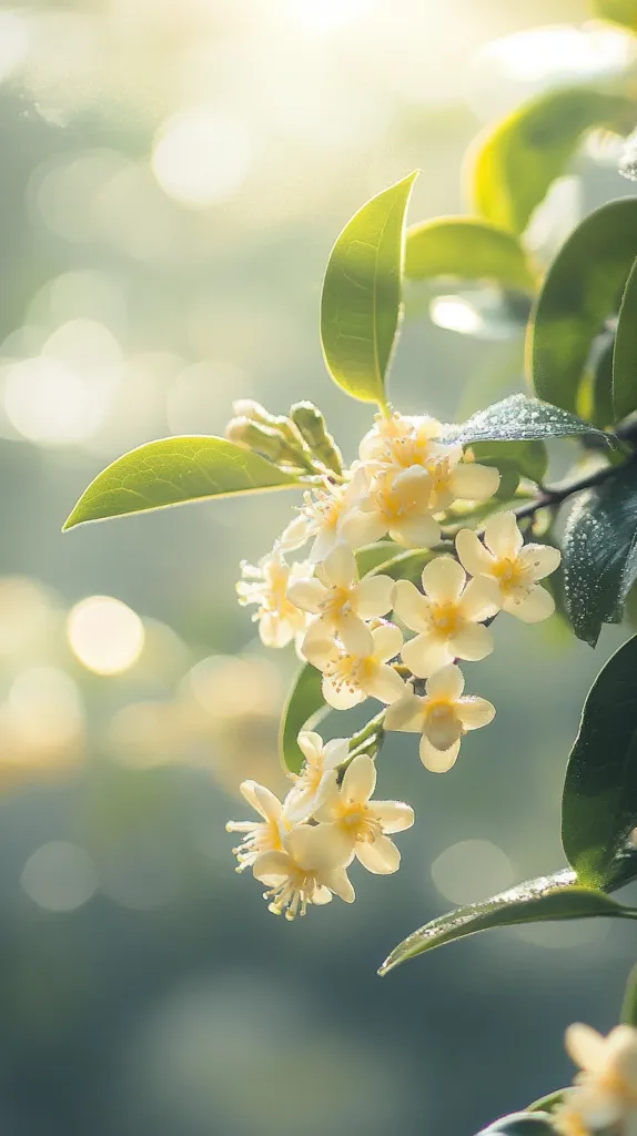 A close-up of delicate white flowers on a green branch. The flowers are in focus, while the background is blurred with soft light and bokeh. The image captures the beauty and fragility of nature.
