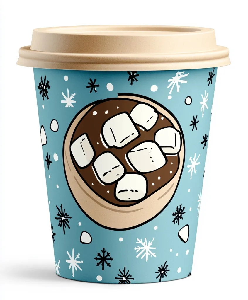 A disposable paper cup with a brown lid is decorated with a blue background and a pattern of white snowflakes and white dots. The cup is filled with hot chocolate with marshmallows. The image is cartoonish and whimsical.