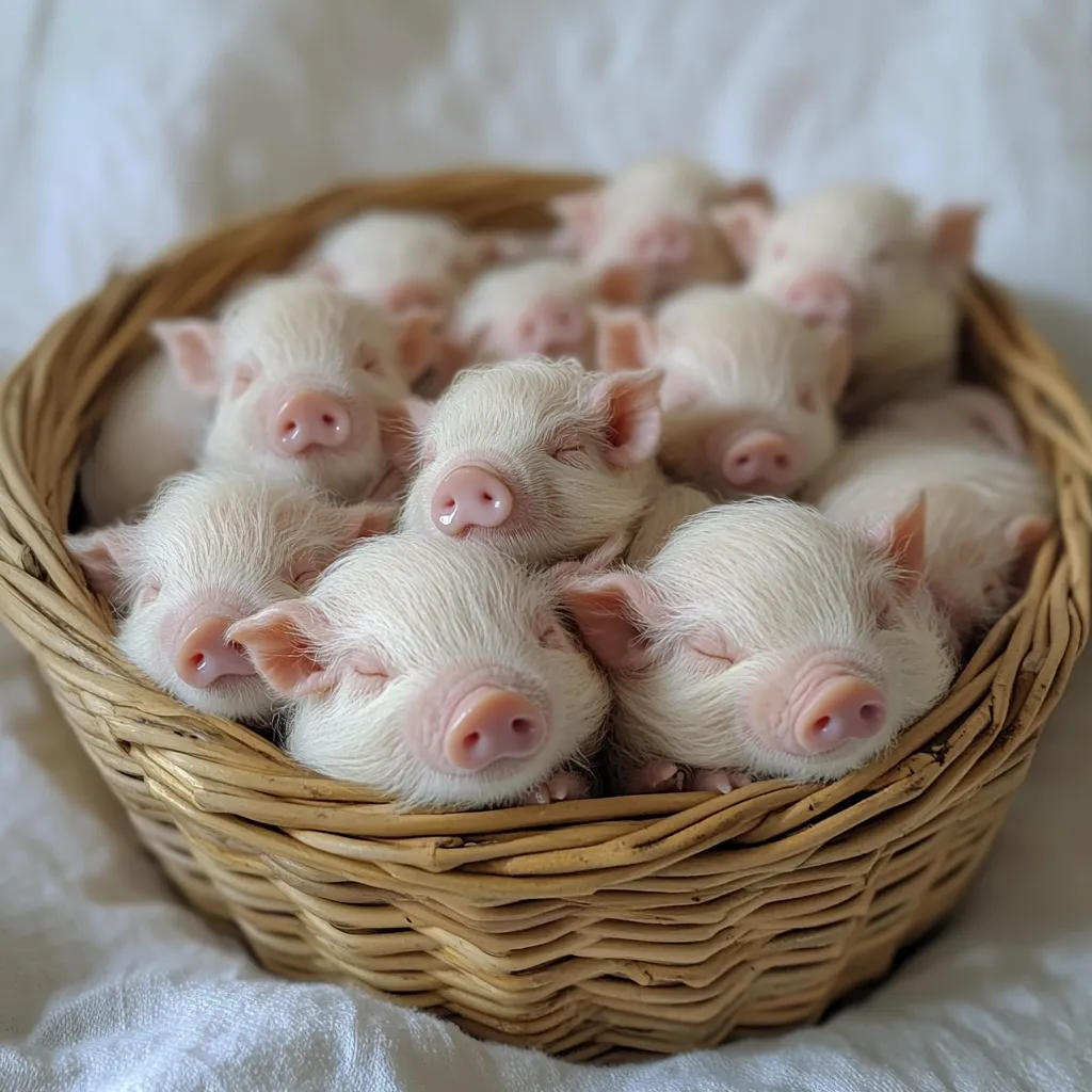 A wicker basket overflowing with adorable, sleeping piglets. They are all white with pink noses and eyes closed. The basket is on a white background, creating a soft and cozy atmosphere. The piglets are huddled together, seemingly asleep in a peaceful slumber.