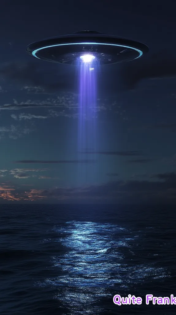 A dark, circular UFO hovers over a vast, choppy ocean at night. A bright beam of light shines down from the UFO, illuminating the water and the sky. The scene is mysterious and otherworldly, evoking feelings of wonder and curiosity.