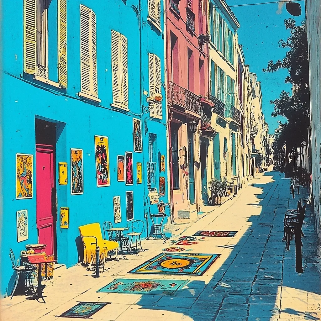A narrow, cobblestone street lined with colorful buildings. The walls of a building on the left are painted a vibrant turquoise blue and decorated with colorful images. A yellow chair sits outside the building. The street narrows as it disappears into the distance.  The buildings on the other side of the street have faded pink and white paint. There are shadows and bright sun on the sidewalk.  The street is quiet and peaceful.