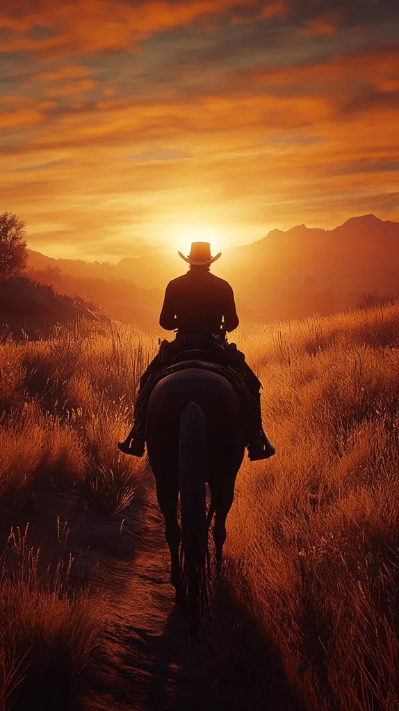 A lone cowboy rides a horse through a field of tall grass, silhouetted against a fiery sunset. The sky is ablaze with orange and red hues, casting a warm glow over the scene. The cowboy's hat is tilted slightly forward, and his figure is both strong and solitary, embodying the spirit of the American West. The image evokes a sense of freedom, adventure, and the enduring allure of the frontier.