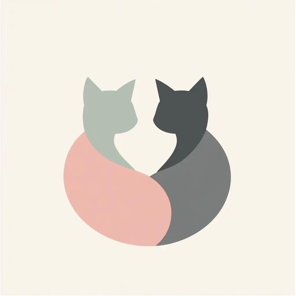 The image depicts a stylized illustration of two cats in a heart shape. The cat on the left is light gray and the cat on the right is black. Their bodies are intertwined, forming the heart shape. The background is a light beige. The image is simple and minimalist, with a focus on the outline of the cats and the heart shape they create.
