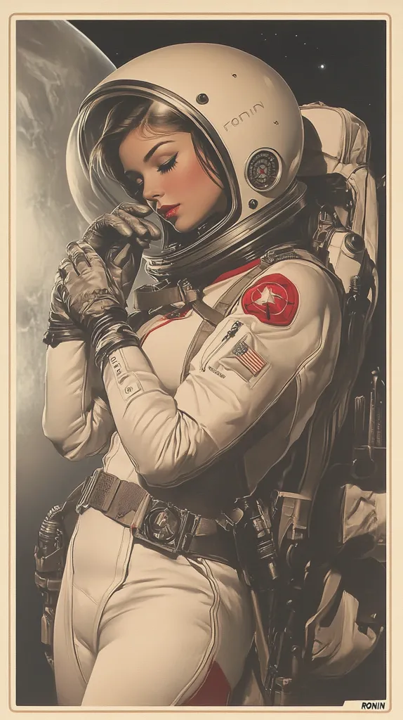 The image features a woman in a white spacesuit with a helmet on, gazing down with a thoughtful expression. She's wearing a red and white patch on her shoulder, with a planet in the background. The image has a vintage aesthetic, with a sense of mystery and anticipation.