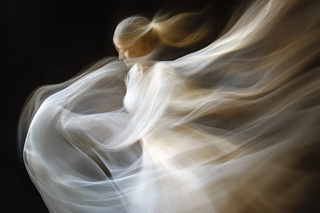 The image is an abstract photograph of a woman with long blonde hair, wearing a white dress, in a dark studio. Her dress billows around her, creating soft, flowing shapes of light and shadow, suggesting movement and a sense of ethereal beauty. The background is black, providing contrast to the white dress and blurring the woman's features to highlight the movement and form of the fabric. The image has a dreamy, ethereal quality, with a focus on the delicate beauty of the woman and her dress.
