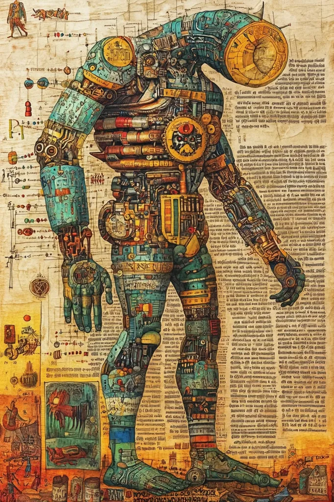 The image is a stylized depiction of a humanoid figure, composed entirely of intricate, interlocking gears, cogs, and other mechanical elements. The figure stands against a backdrop of a parchment-like surface, covered in illegible text and sketches. The image evokes a sense of steampunk aesthetics and a fascination with the intricate workings of machines. The vibrant colors, detailed textures, and whimsical design create a captivating and imaginative visual.  The artwork suggests a blend of science and art, hinting at the potential for invention and exploration.