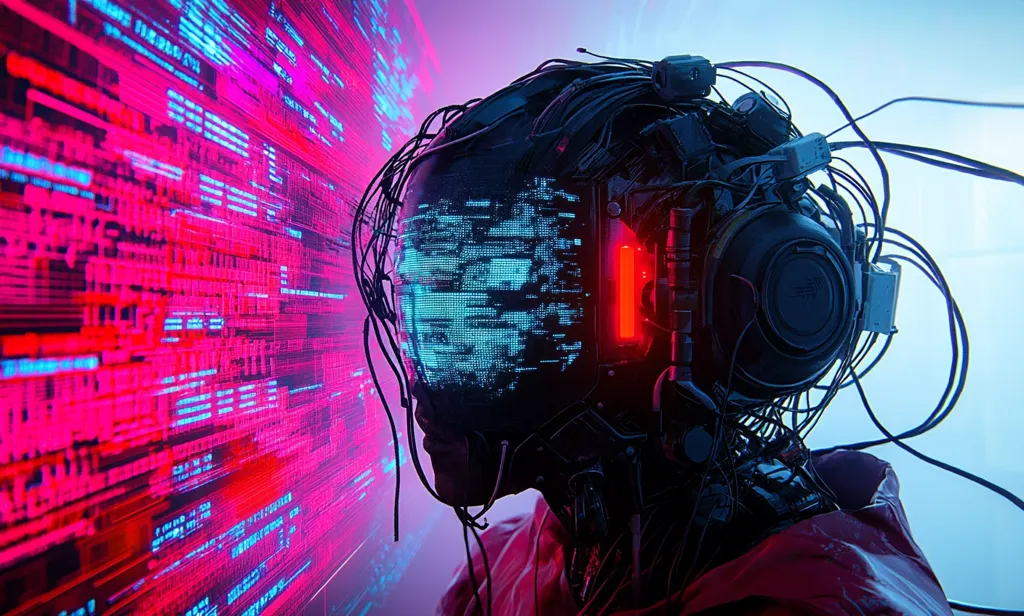 A futuristic robot with a complex, wired helmet stands against a digital screen, displaying lines of blue and red code. The helmet has a glowing blue screen displaying more code, and a bright red light on the side. The robot's body is dark and metallic, with a red jacket. The background is a gradient of blue and white.  The overall impression is one of technology and innovation.