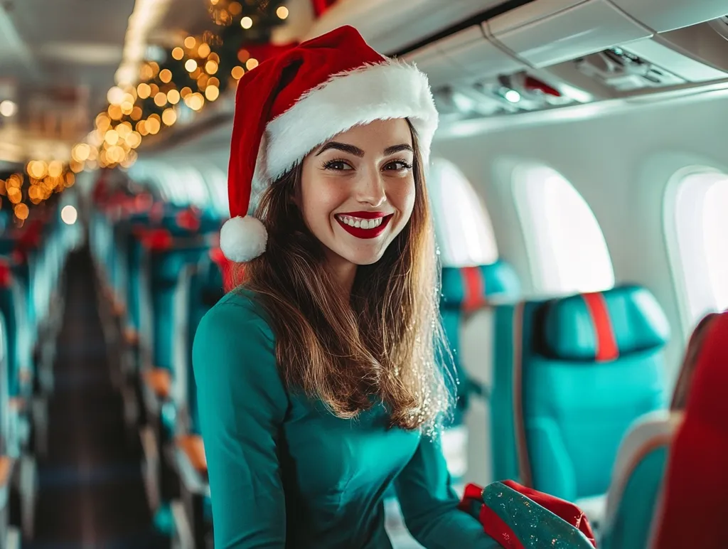 A young woman with long brown hair and a bright red Santa hat smiles at the camera while sitting in an airplane seat. The airplane is decorated with festive lights and the seats are blue and red. She is wearing a teal sweater and her red lips add a pop of color to the image. The image captures a sense of festive cheer and travel during the holiday season.
