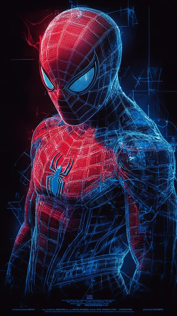 The image depicts a digital rendering of Spider-Man, his suit a glowing web of red and blue lines, against a black background. The lines create a geometric, almost skeletal, representation of his form. The spider symbol on his chest is distinct and blue. The image has a futuristic, cyberpunk aesthetic.