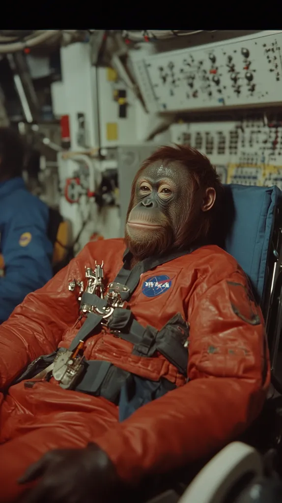 An orangutan, dressed in an orange spacesuit with a NASA patch, sits in a chair in an interior space. The orangutan is looking off to the side with a serious expression. The background shows a cluttered control panel and another person in a blue jumpsuit. The image is a humorous and thought-provoking look at the possibility of interspecies space travel.