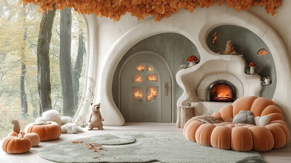 The image shows a cozy room with a fireplace, a large pumpkin-shaped sofa, and a door with a window featuring a unique design of lights.  It has a whimsical and autumnal aesthetic, with a plush rug, stuffed bear, and pumpkin-shaped ottomans. Large windows overlook an autumnal forest, adding a touch of nature to the space. The room's unique design and warm colors create a welcoming and comfortable atmosphere.