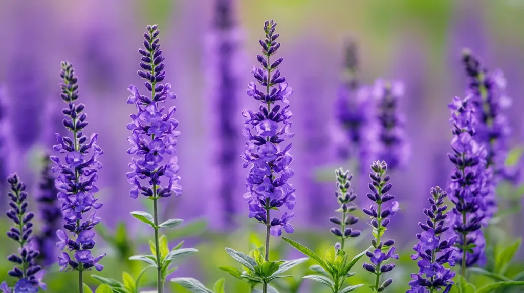 A field of vibrant purple flowers, possibly lavender, sway gently in the breeze. The flowers are in full bloom, creating a sea of color that stretches as far as the eye can see.  The soft, out-of-focus background enhances the beauty of the focal flowers. The image evokes feelings of tranquility and peace.