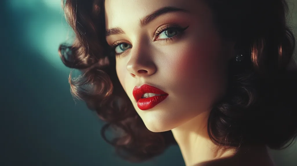 A woman with long, dark, curly hair looks directly at the viewer. Her blue eyes are accentuated with winged eyeliner and her lips are painted a vibrant red. Her face is lit by a warm, golden light. The background is a soft, blue-green.  The image has a vintage, glamorous feel.