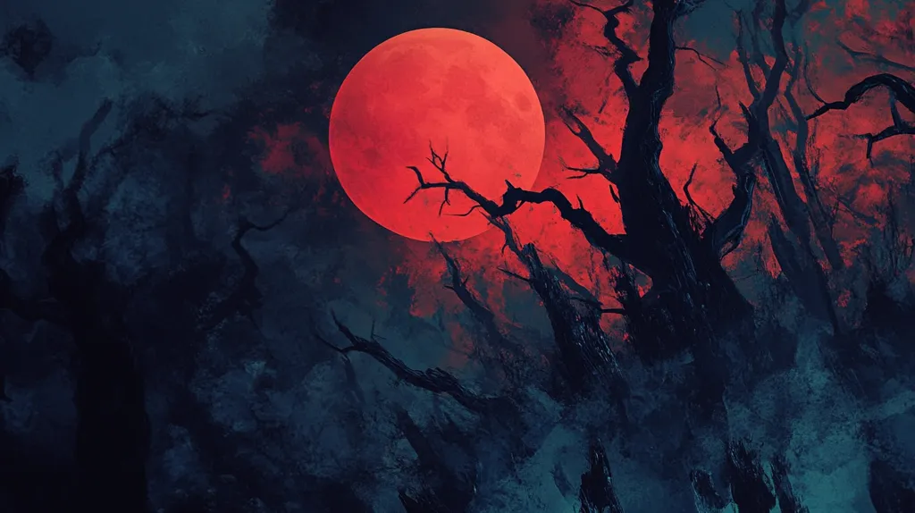 The image depicts a dark, ominous forest with a large, glowing red moon hanging in the sky. The trees are tall and slender, their branches reaching out like skeletal fingers. The moon casts an eerie red glow on the forest floor, creating an unsettling atmosphere. The image suggests a sense of mystery and danger, and the viewer is left wondering what secrets the forest holds.