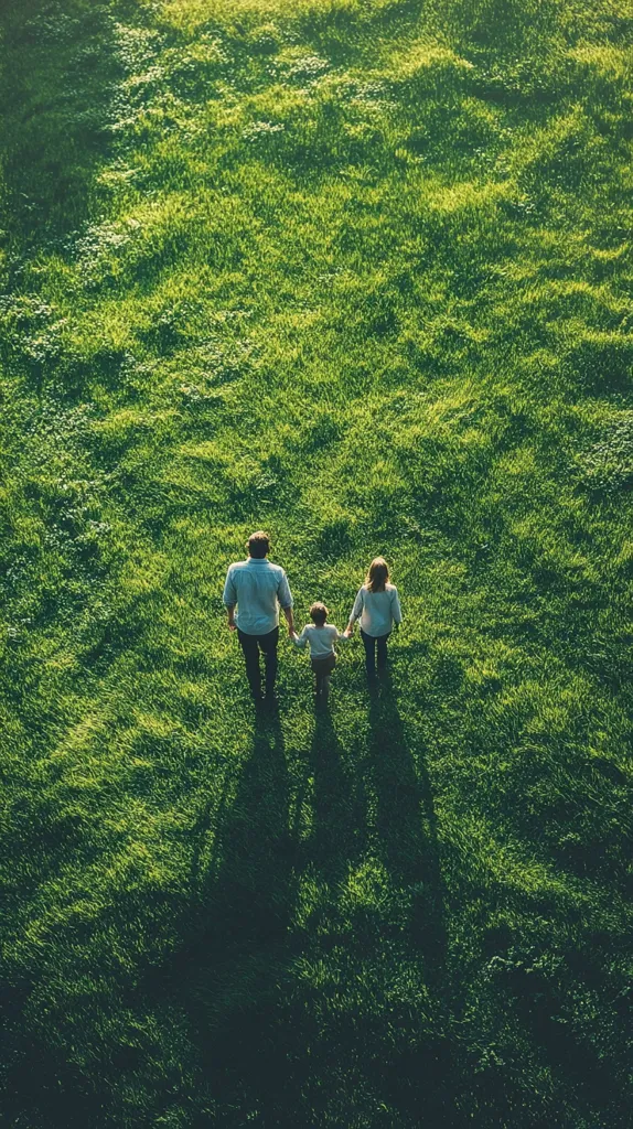 An aerial view of a family of three, a father, mother, and a young boy, walking hand-in-hand across a vast expanse of verdant grass. The shadows of their figures stretch long and thin beneath them, adding to the sense of tranquility and togetherness.  The image captures the beauty of nature and the simple joy of spending time with loved ones.