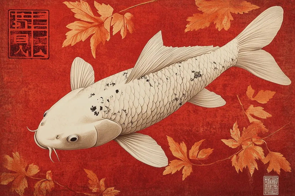 The image is a close-up of a white koi fish with black spots swimming in a red pond.  The fish is rendered in a realistic style with detailed scales.  The pond is decorated with autumn leaves, also rendered in a realistic style. The image evokes a sense of peace and tranquility, and it is likely inspired by traditional Japanese art.