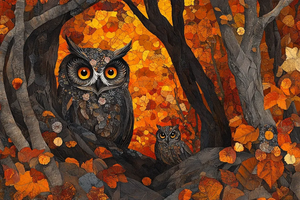 The image depicts a large owl perched on a branch in a forest, surrounded by colorful autumn leaves. The owl's feathers are a blend of browns, grays, and blacks, with intricate details that mimic the surrounding foliage. Its large, golden eyes stare intensely forward, while a smaller owl peeks out from behind it. The background is a blur of warm orange and red hues, creating a sense of depth and mystery. The overall effect is one of peace and quietude, as the owls blend seamlessly into the autumnal landscape.