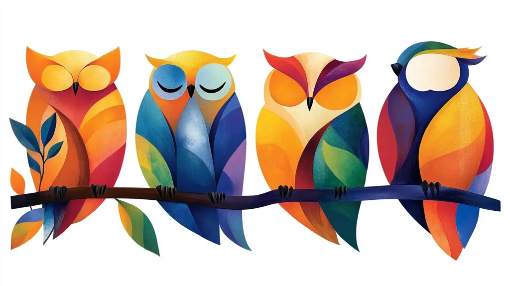 Four colorful owls sit on a branch, their eyes closed in a serene state. They are painted in a vibrant abstract style, with each owl showcasing a unique blend of colors. The owls'  feathers are rendered in a playful geometric pattern, creating a whimsical and eye-catching artwork. The background is a simple white, allowing the owls to take center stage and their colors to pop.