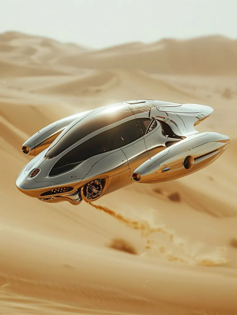 A futuristic, silver car with a sleek, aerodynamic design flies over a vast desert landscape. Its metallic body gleams in the sun, and its underside is equipped with powerful thrusters. The car kicks up a small plume of sand as it effortlessly glides over the dunes. The scene evokes a sense of speed and adventure in a desolate, yet beautiful, environment.