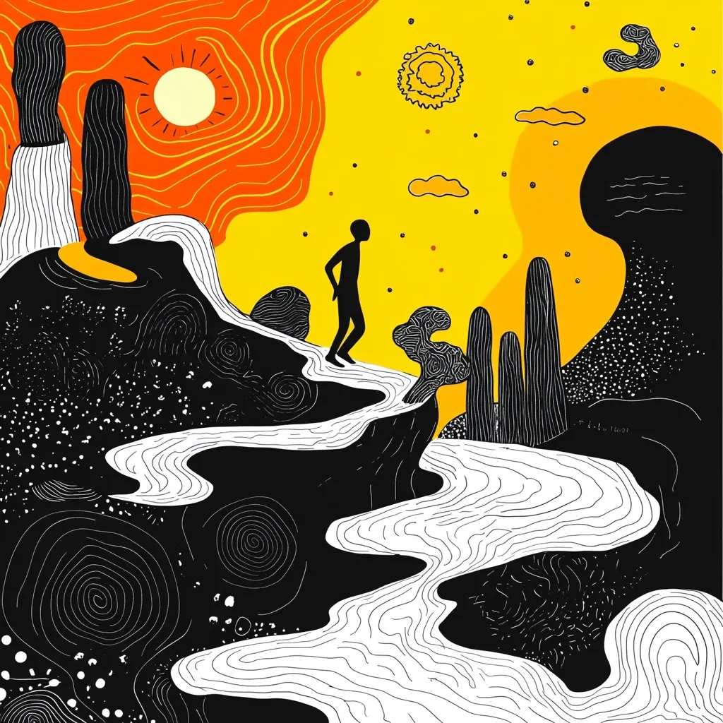 The image depicts a stylized landscape with a bold, abstract style. A lone figure walks across a winding path, while a bright yellow sky with clouds and suns is above. The scene is filled with intricate patterns of black and white lines, dots, and swirls, creating a sense of depth and texture.  The image feels both fantastical and familiar, leaving room for interpretation.