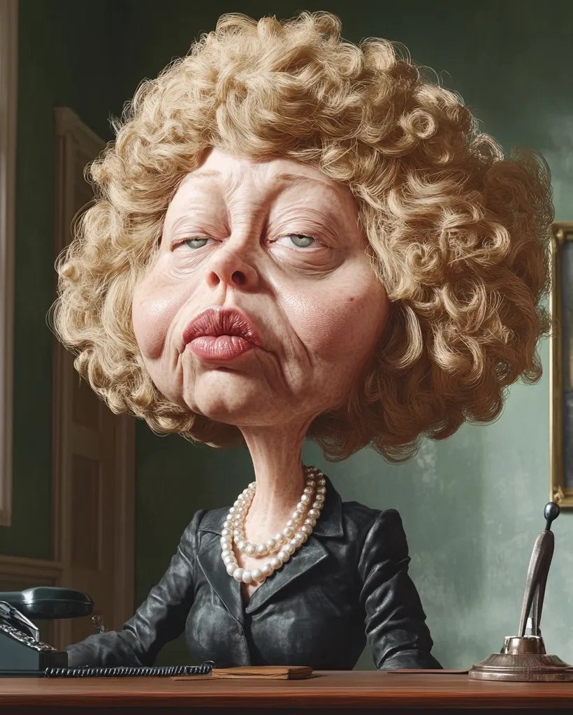 The image depicts a caricature of a woman with exaggerated features. She has large, curly blonde hair, a long neck, and a slightly disapproving expression. She is wearing a black jacket and a pearl necklace. The woman appears to be sitting at a desk in an office setting. The background is a soft, muted color. The overall tone of the image is humorous and slightly satirical.