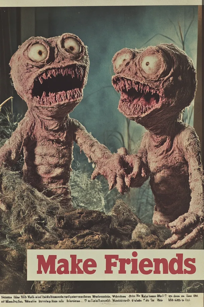 Two grotesque, humanoid creatures with large eyes and toothy grins stand in a forest setting. They are holding hands, and the text "Make Friends" is displayed prominently below them. The image is from a vintage advertising campaign, and the message is likely meant to be humorous or ironic.  The creatures' appearance is unsettling, and the message about friendship is presented in a somewhat jarring way.