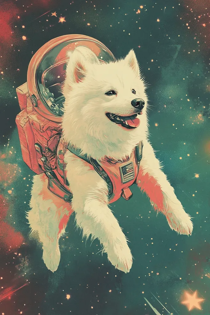 A white dog, wearing an astronaut suit with an American flag, floats in space. The dog is smiling, and the background is a dark blue and green nebula with stars. The dog is wearing a helmet, but the visor is open, and it is floating with its legs outstretched. The dog is surrounded by a starry sky. The dog is an astronaut and is floating through space, looking happy and content.  The image is a whimsical and playful take on the theme of space exploration.