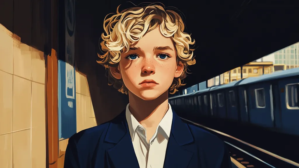 A young boy with blonde curly hair stands under a train station awning. He is wearing a dark blue suit jacket over a white shirt. He has a serious expression on his face and his eyes are fixed on the viewer. A train is visible in the background, partially obscured by the awning. The scene evokes a sense of quiet contemplation and anticipation.