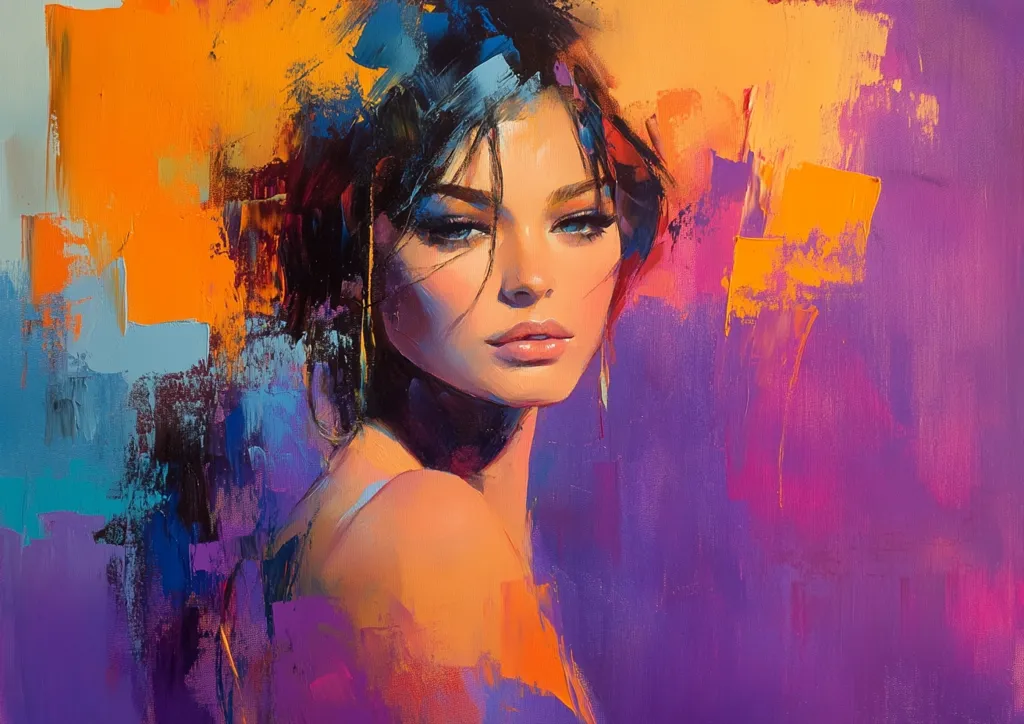 The painting depicts a woman with long dark hair and piercing blue eyes. She is looking directly at the viewer with a hint of mystery in her gaze. The background is a vibrant mix of purple, orange, and blue hues, creating a sense of depth and energy. The artist's bold brushstrokes and expressive use of color give the portrait a dynamic and captivating quality.  The woman's beauty is accentuated by the interplay of light and shadow on her features, creating a sense of depth and dimensionality. The overall effect is a striking and evocative image that draws the viewer in.