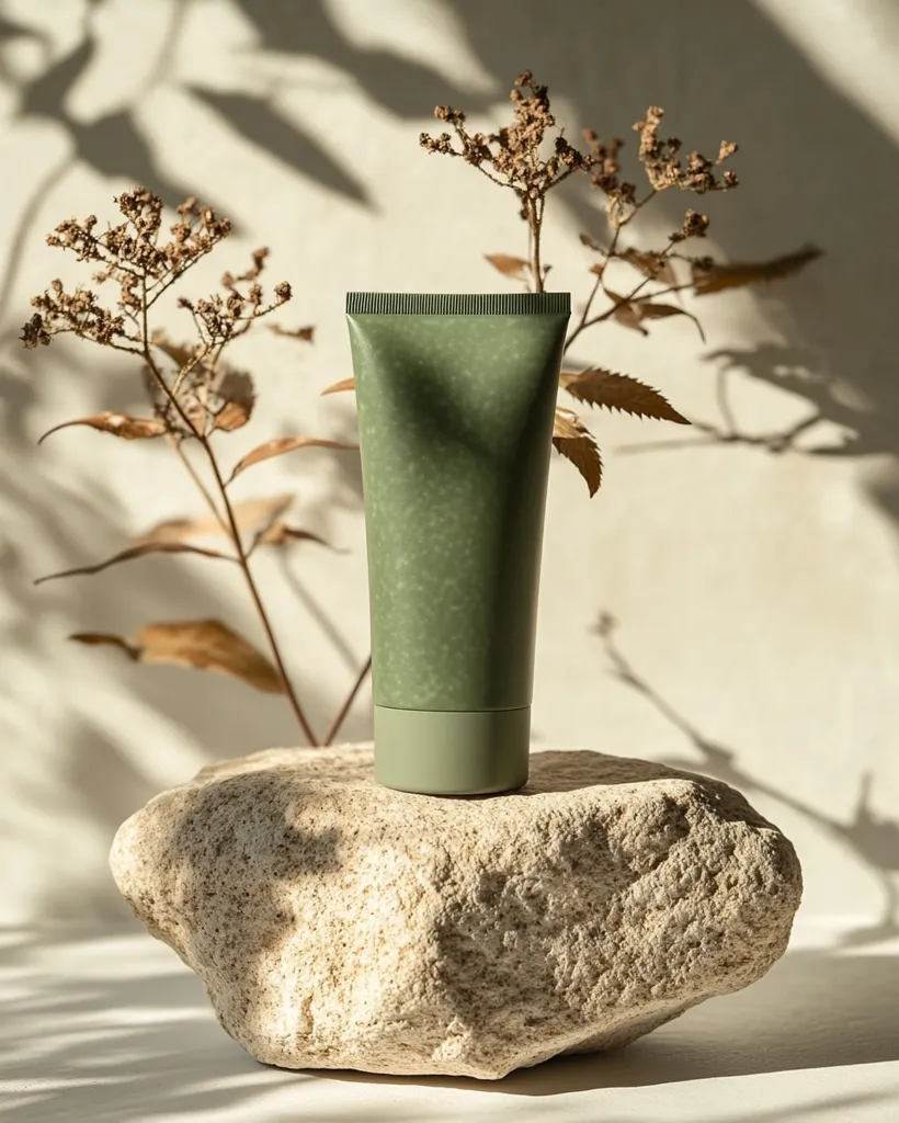 A green tube of cream sits on a large, light-colored rock. The rock is surrounded by dried flowers and casting shadows on a white background. The overall tone is natural and minimalist. The product is presented in a simple and elegant way.  The light is soft and warm, creating a serene atmosphere.  The image evokes a sense of calm and tranquility.  The  focus is on the product, highlighting its natural ingredients and the benefits of using it.