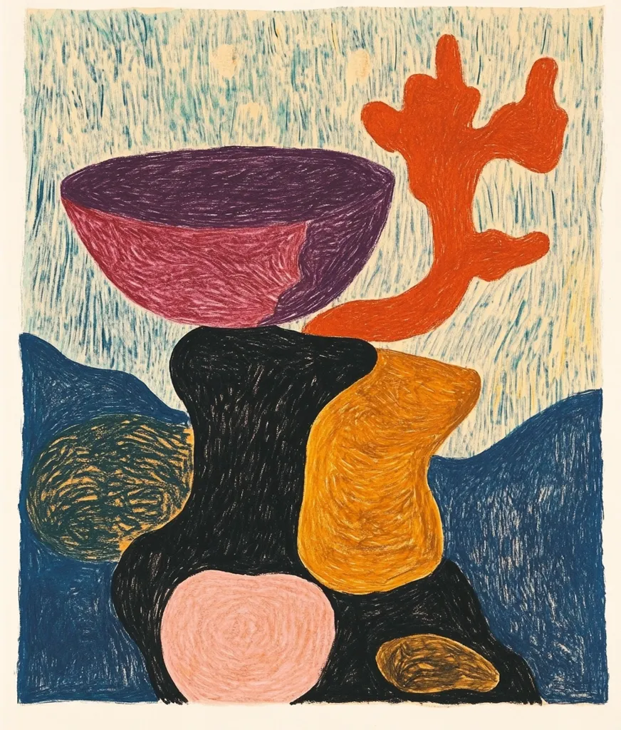 The abstract image features a large, bowl-shaped form in pink and purple, balanced precariously atop a black, bulbous object. An orange, branch-like form extends upwards, suggesting a connection between the two. The background is a light blue, textured with horizontal lines, and accented with white dots. The remaining space is filled with organic shapes in blue, yellow, pink, and brown. The overall impression is one of delicate balance and organic harmony.